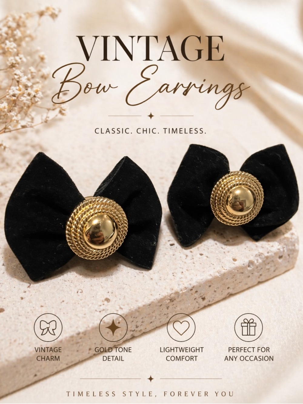 Vintage Black Velvet Bow Earrings – Gold Tone Detail